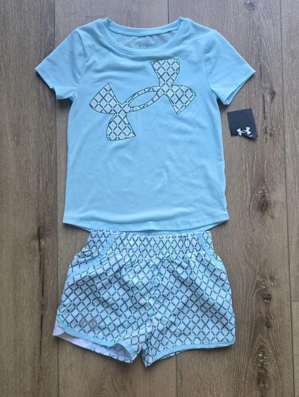 Under Armour Girls 2 Piece Outfit Set Blue Logo T-Shirt Printed Short 2t 5 6